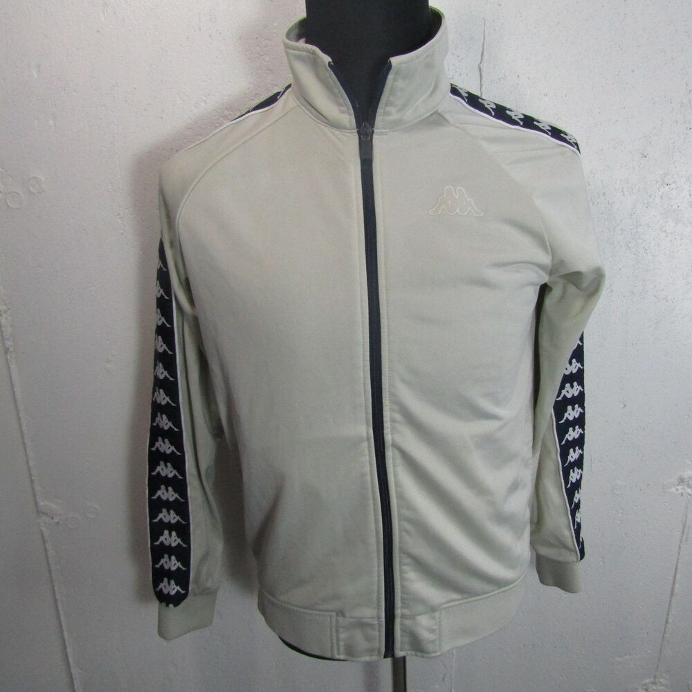 Kappa Men's Track Jacket M Full Zip Cream Navy Blue Taped Sleeves Activewear